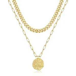 14K Gold Layered Moon Star Medallion Pendant Necklace for Women