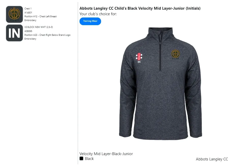 Abbots Langley CC  Child's Black Velocity Mid Layer-Junior (Initials)