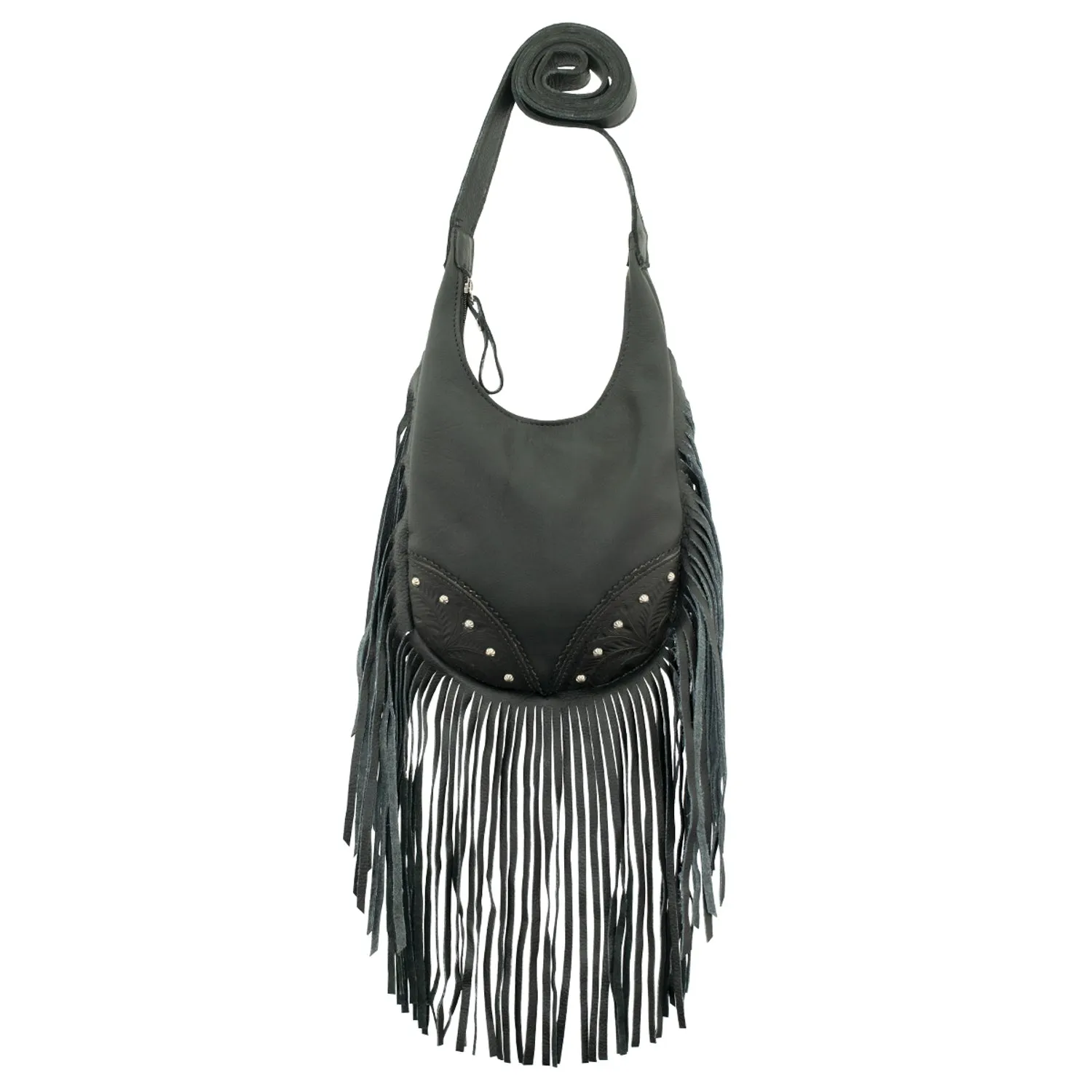 American West Womens Fringed Cowgirl Hobo Black Leather Crossbody Bag