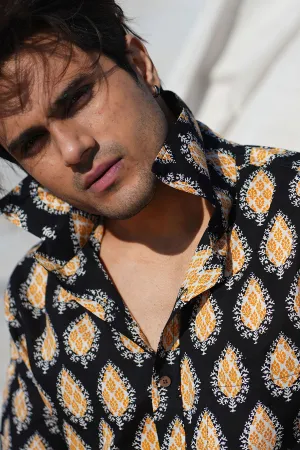 Black Yellow Paan Print Cotton Shirt, Half Sleeves | Style Matters