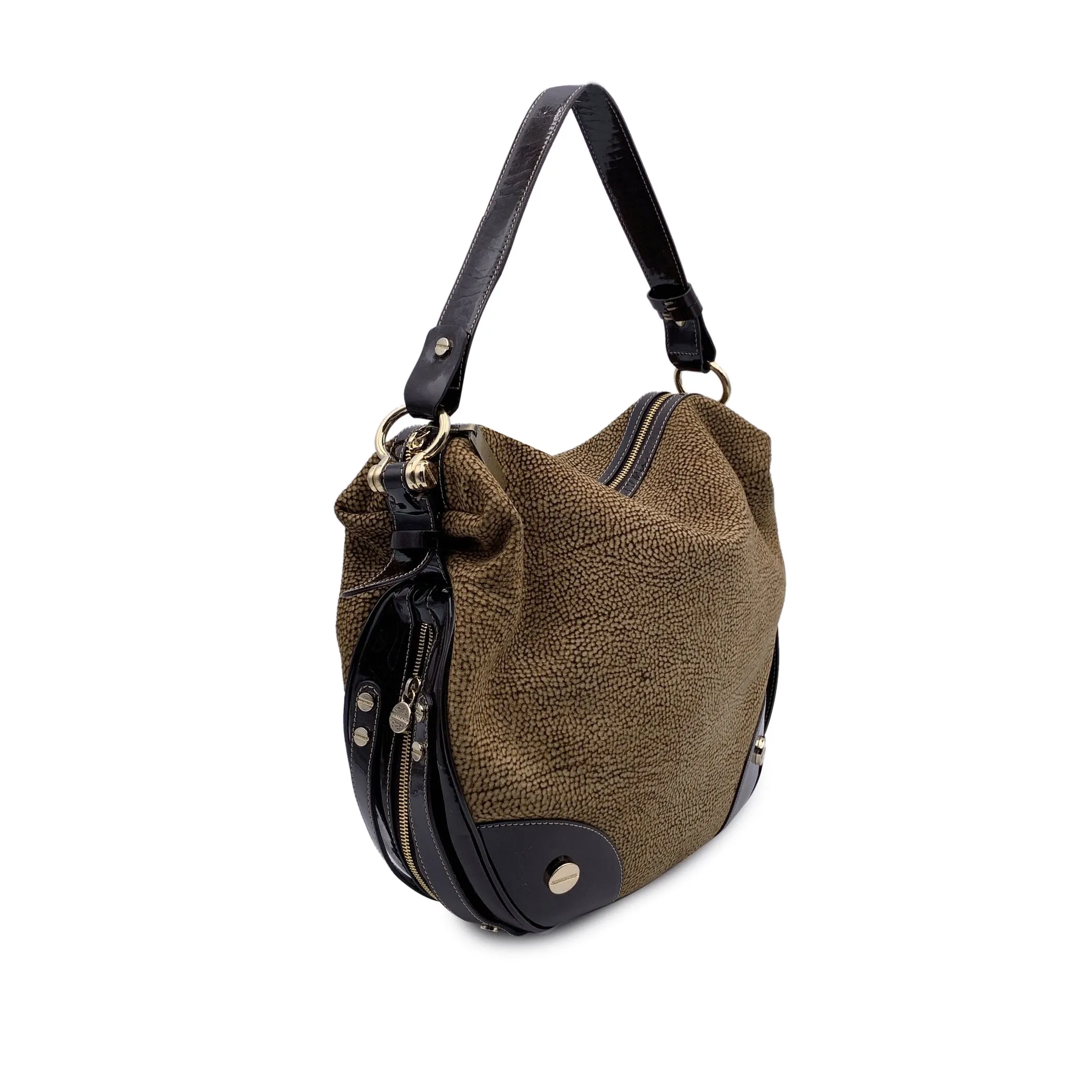 Borbonese Brown Op Suede and Patent Leather Hobo Shoulder Bag