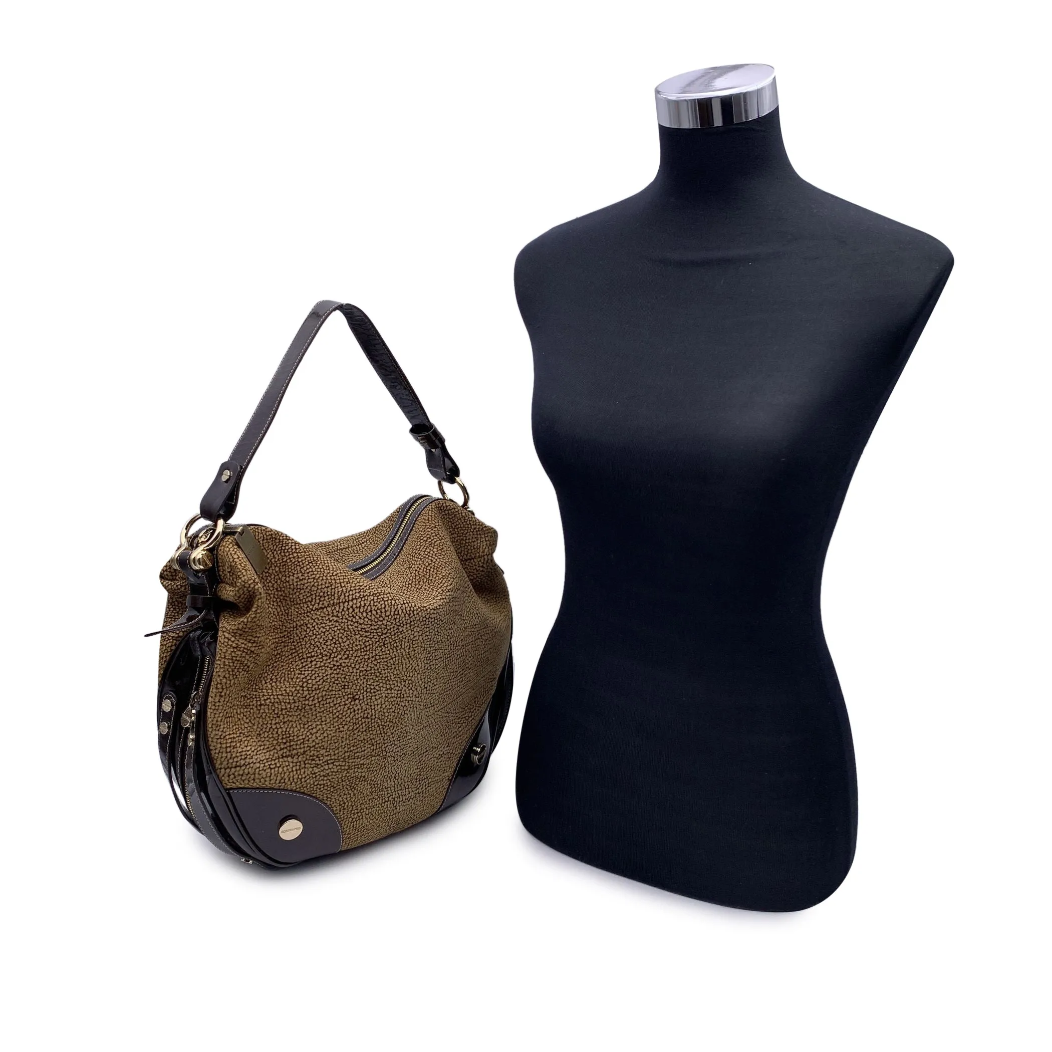 Borbonese Brown Op Suede and Patent Leather Hobo Shoulder Bag