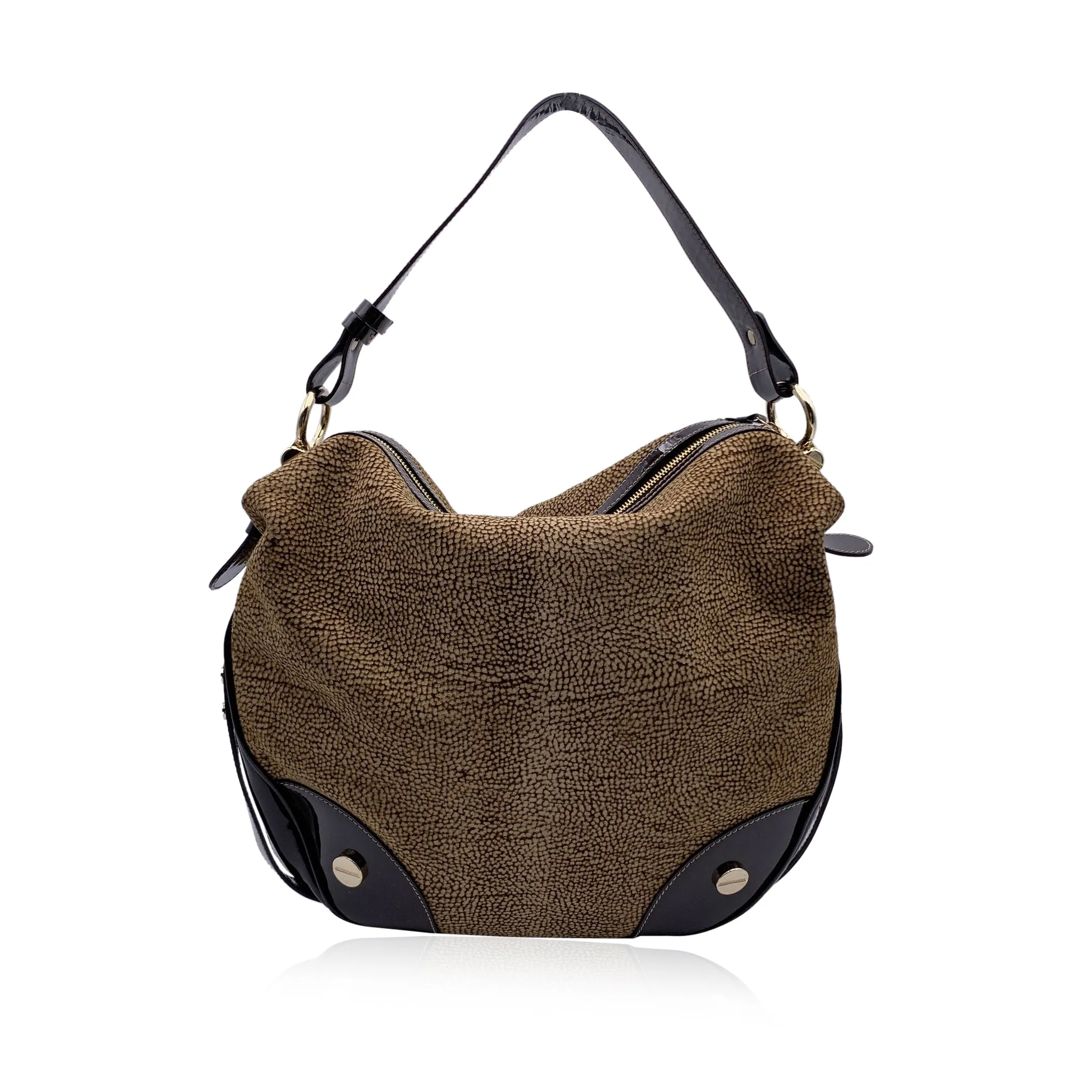 Borbonese Brown Op Suede and Patent Leather Hobo Shoulder Bag