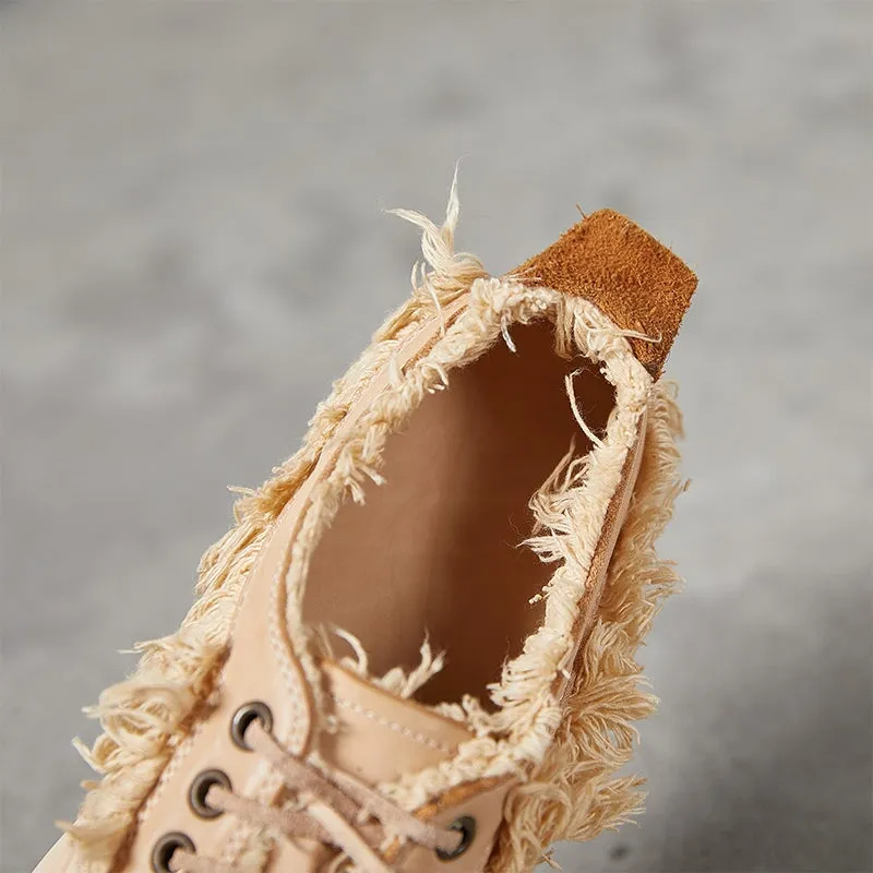 Leather Flatform Low-top Sneakers for Women Fringed Detail in Apricot/Grey