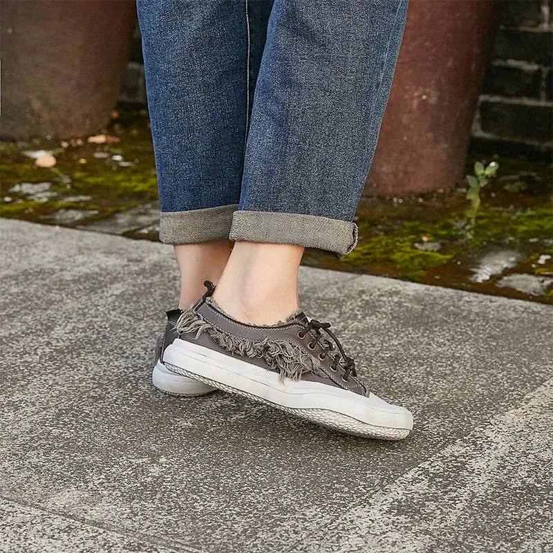 Leather Flatform Low-top Sneakers for Women Fringed Detail in Apricot/Grey