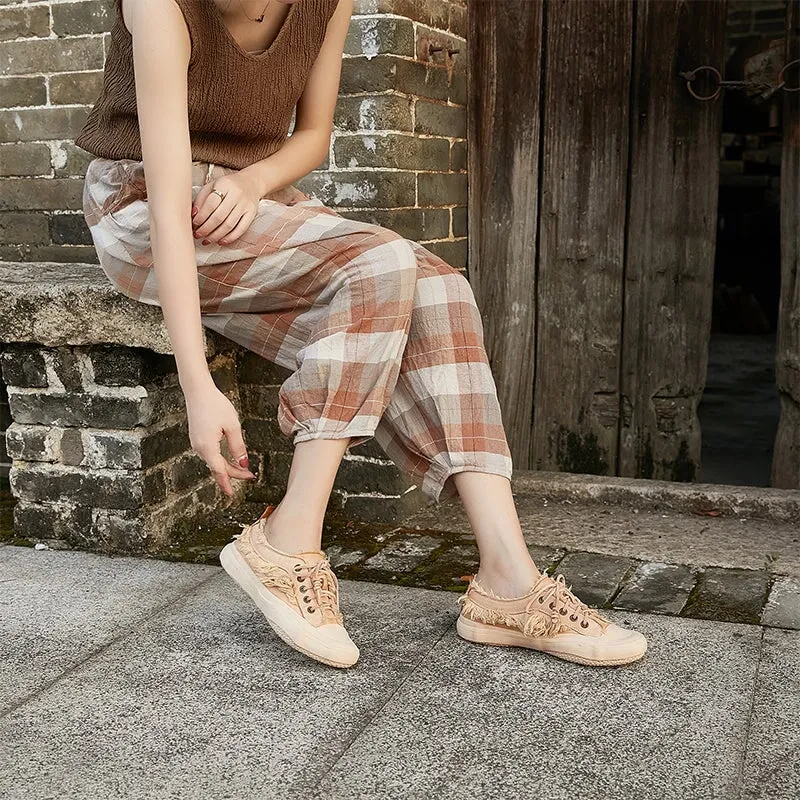 Leather Flatform Low-top Sneakers for Women Fringed Detail in Apricot/Grey