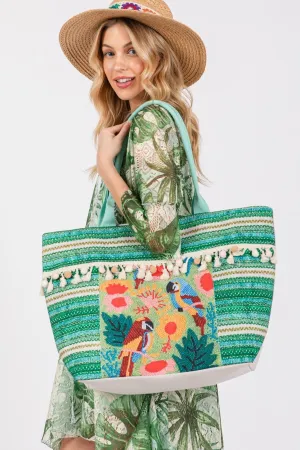 MB0249 Melany Parrot Boho Print Tassel Tote Bag