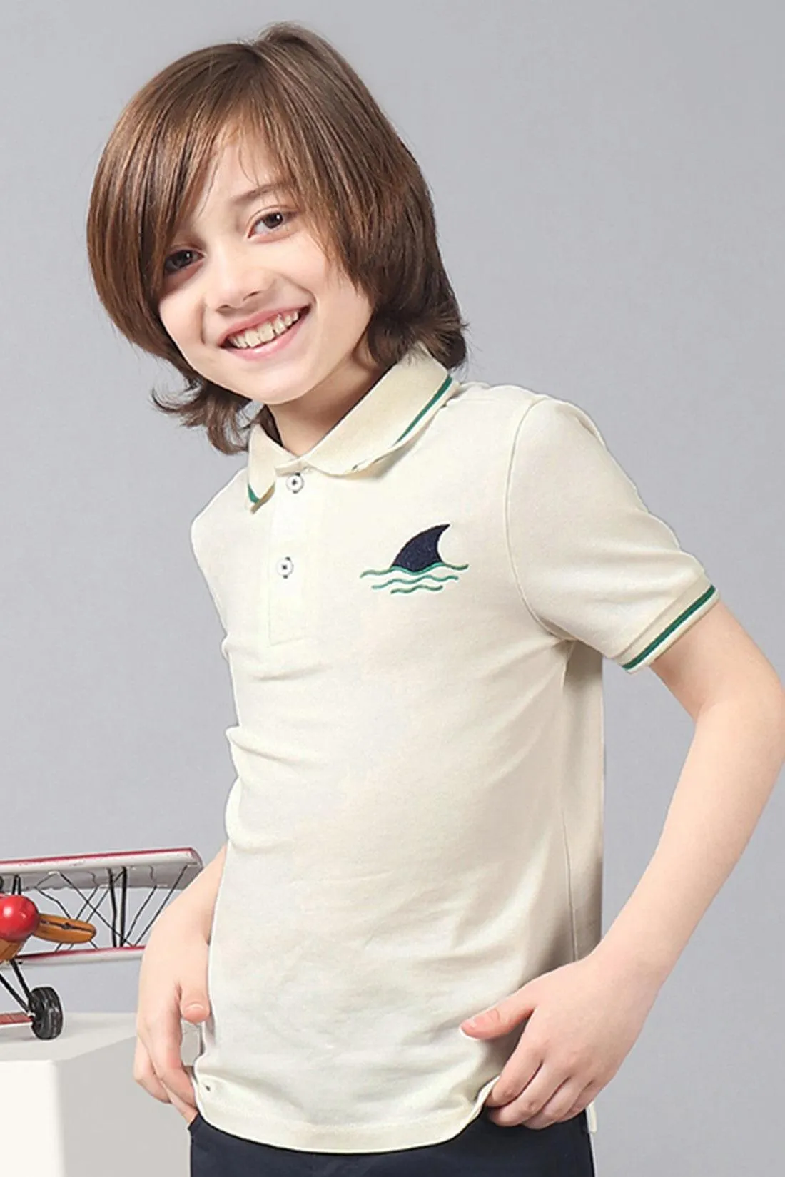 One Friday Kids Boys White Stretchable Polo Tee with Embroidery