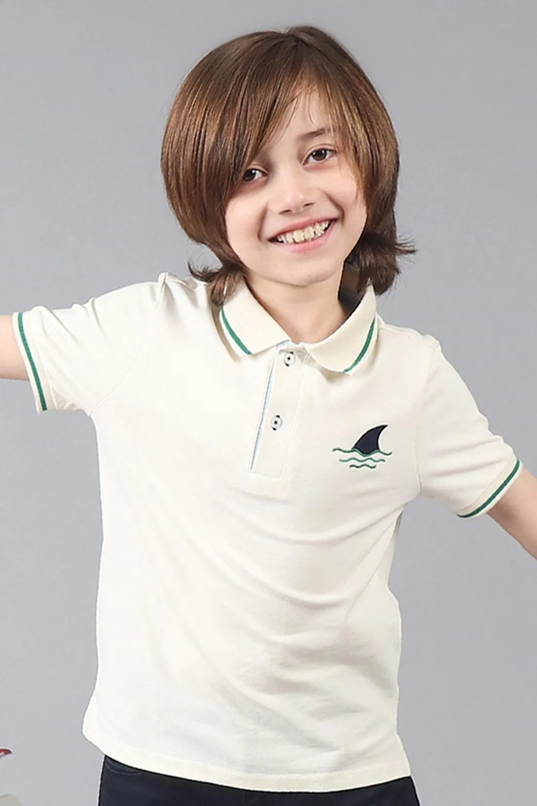 One Friday Kids Boys White Stretchable Polo Tee with Embroidery