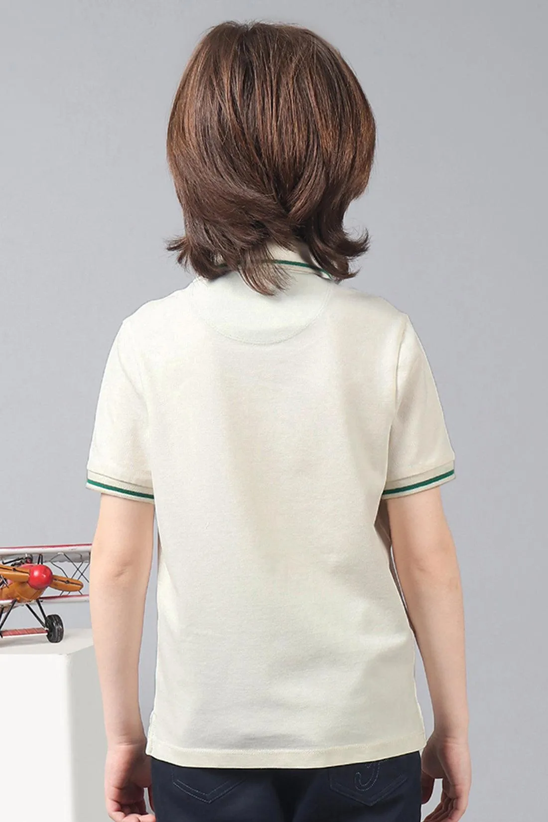 One Friday Kids Boys White Stretchable Polo Tee with Embroidery