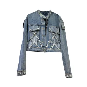 Pre Order:  Pearl Studded Diamond Fringed Hollow Back Denim Jacket