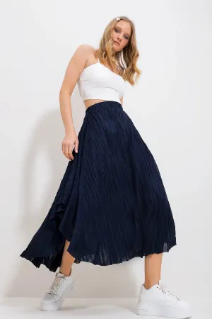 Trend Alacatı Style Women's Navy Blue Self-Textured Casual Skirt