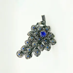 Vintage Pewter Tone Blue Rhinestone Floral Brooch